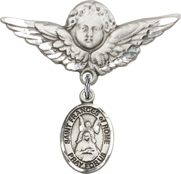 Sterling Silver Baby Badge with St. Frances of Rome Charm and Angel w/Wings Badge Pin