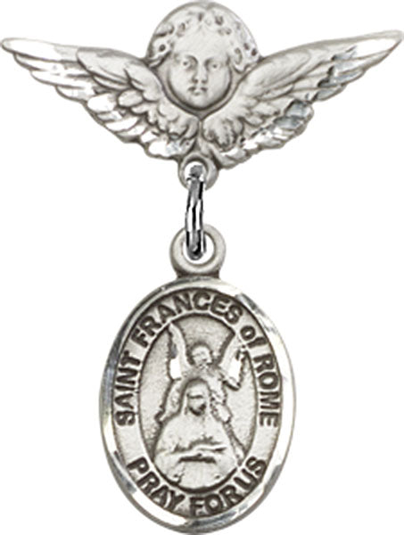 Sterling Silver Baby Badge with St. Frances of Rome Charm and Angel w/Wings Badge Pin