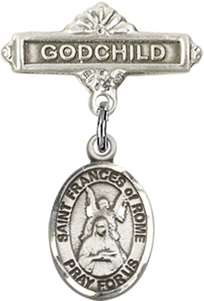 Sterling Silver Baby Badge with St. Frances of Rome Charm and Godchild Badge Pin