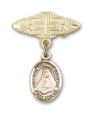 14kt Gold Filled Baby Badge with St. Rose Philippine Charm and Badge Pin with Cross