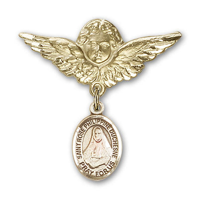 14kt Gold Filled Baby Badge with St. Rose Philippine Charm and Angel w/Wings Badge Pin