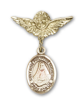 14kt Gold Filled Baby Badge with St. Rose Philippine Charm and Angel w/Wings Badge Pin