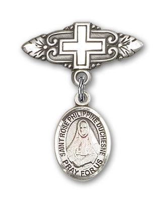 Sterling Silver Baby Badge with St. Rose Philippine Charm and Badge Pin with Cross