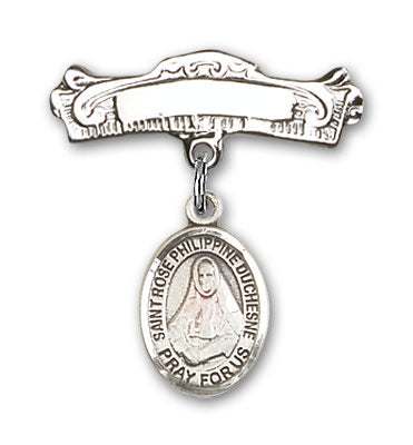 Sterling Silver Baby Badge with St. Rose Philippine Charm and Arched Polished Badge Pin