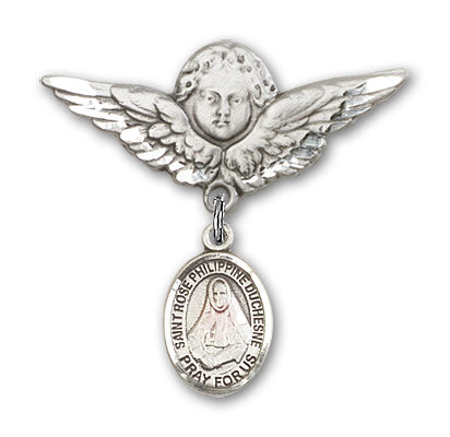 Sterling Silver Baby Badge with St. Rose Philippine Charm and Angel w/Wings Badge Pin