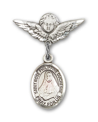 Sterling Silver Baby Badge with St. Rose Philippine Charm and Angel w/Wings Badge Pin