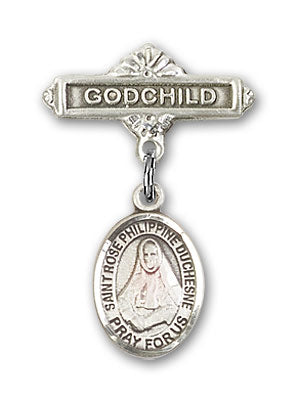 Sterling Silver Baby Badge with St. Rose Philippine Charm and Godchild Badge Pin
