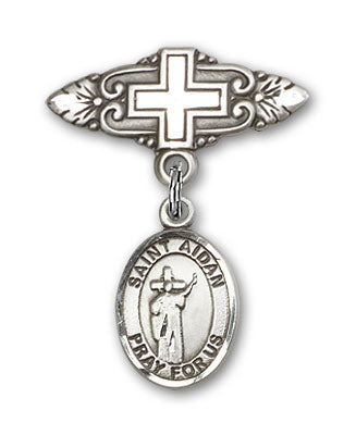 Sterling Silver Baby Badge with St. Aidan of Lindesfarne Charm and Badge Pin with Cross