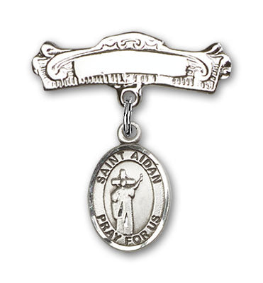 Sterling Silver Baby Badge with St. Aidan of Lindesfarne Charm and Arched Polished Badge Pin