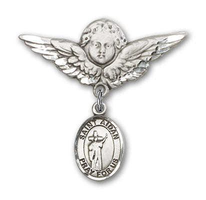 Sterling Silver Baby Badge with St. Aidan of Lindesfarne Charm and Angel w/Wings Badge Pin