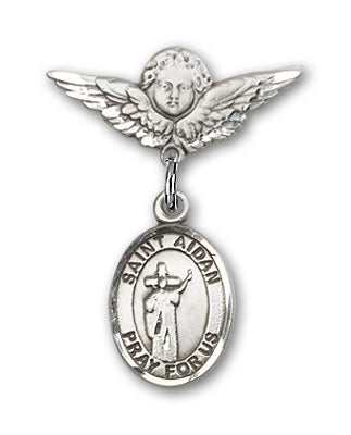 Sterling Silver Baby Badge with St. Aidan of Lindesfarne Charm and Angel w/Wings Badge Pin