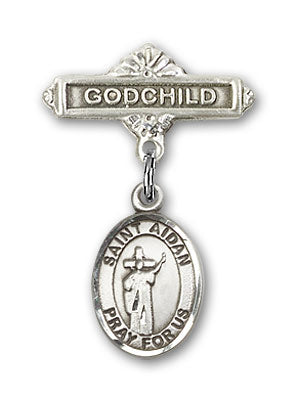 Sterling Silver Baby Badge with St. Aidan of Lindesfarne Charm and Godchild Badge Pin