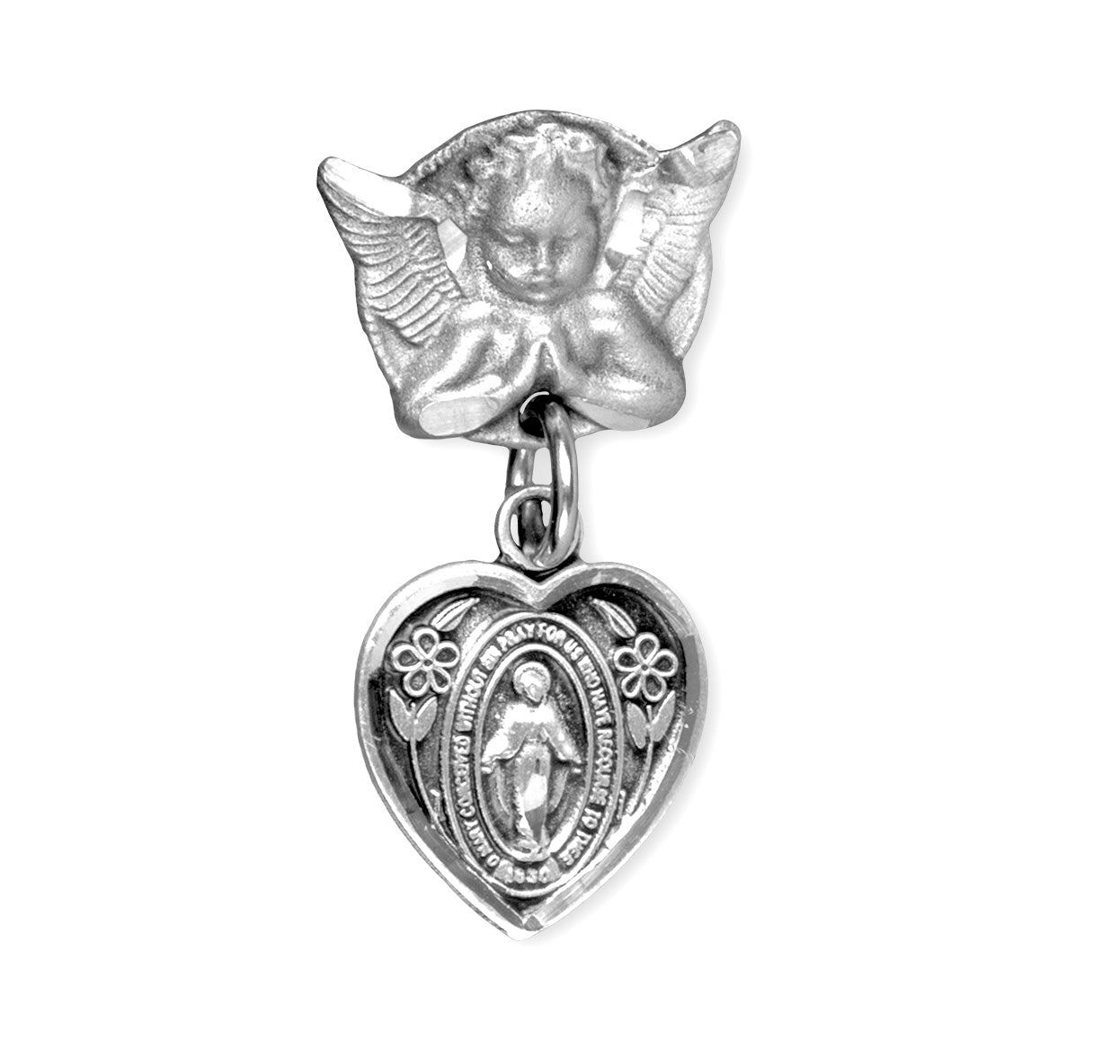 Heart Shape Baby Miraculous Medal in Sterling Silver on an Angel Pin