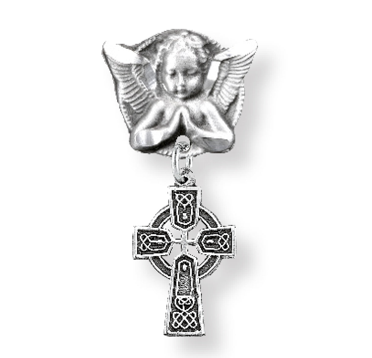 Sterling Silver Irish Baby Irish Celtic cross Pendant on a Angel Pin