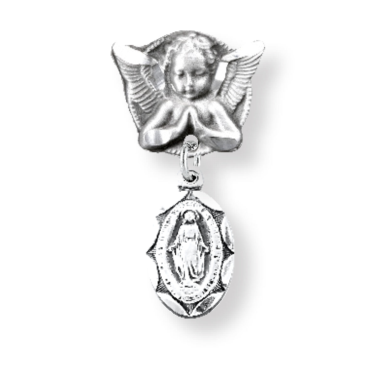 Sterling Silver Oval Scallop Edged Miraculous Baby Medal on an Angel Pin