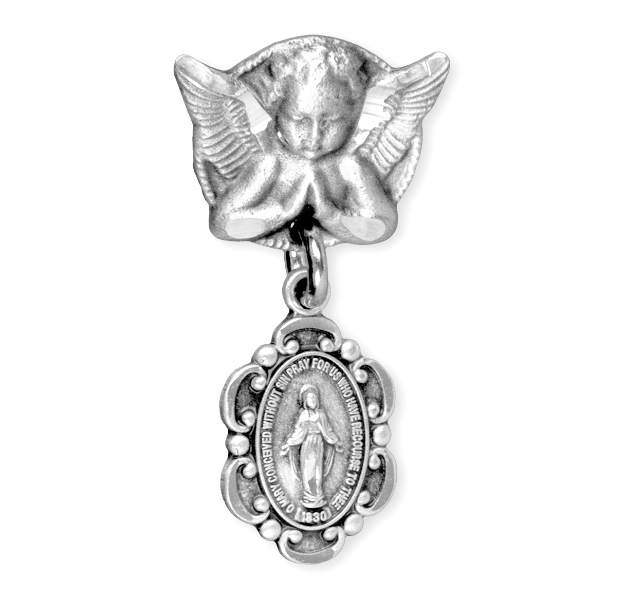 Sterling Silver Oval Fancy Edge Miraculous Baby Medal on an Angel Pin