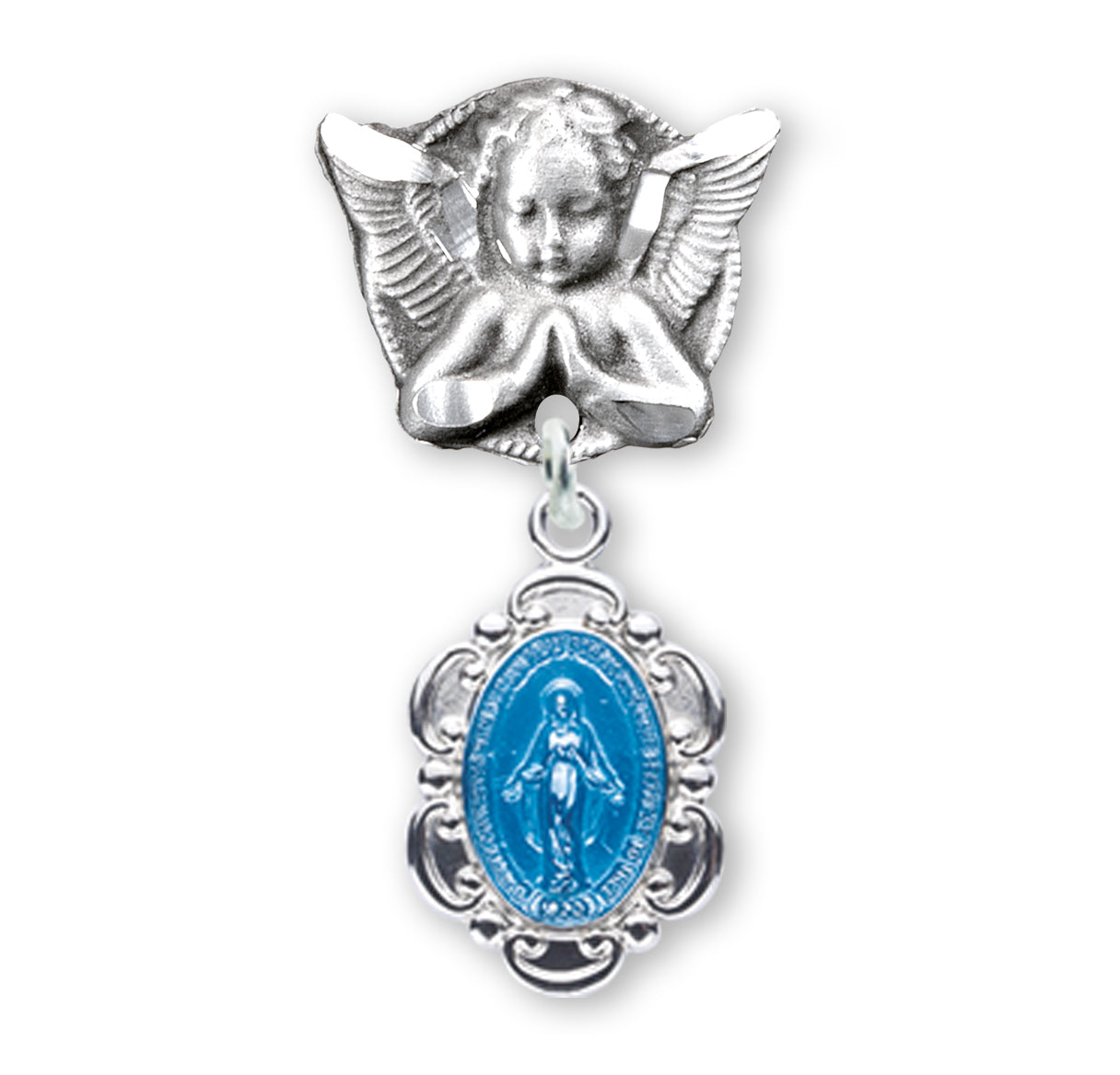Blue Enameled Oval Fancy Edge Miraculous Baby Medal on an Angel Pin