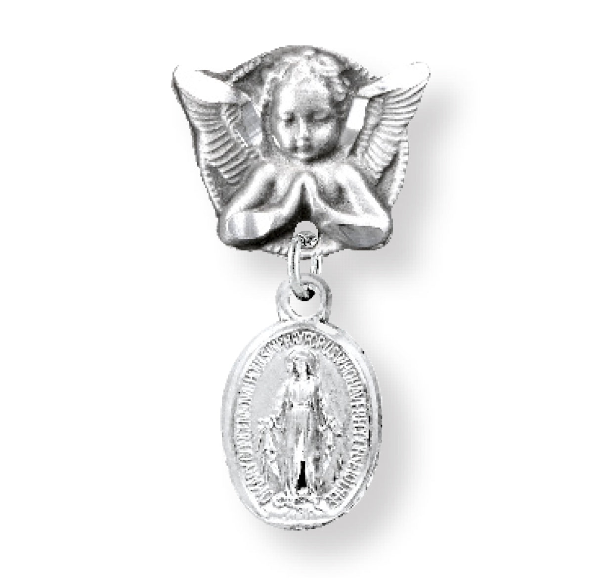 Sterling Silver Oval Miraculous Baby Medal on an Angel Pin