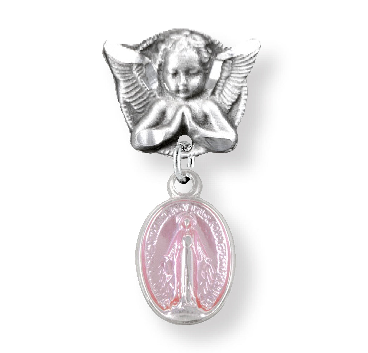Pink Enameled Oval Sterling Silver Baby Miraculous Baby Medal on an Angel Pin