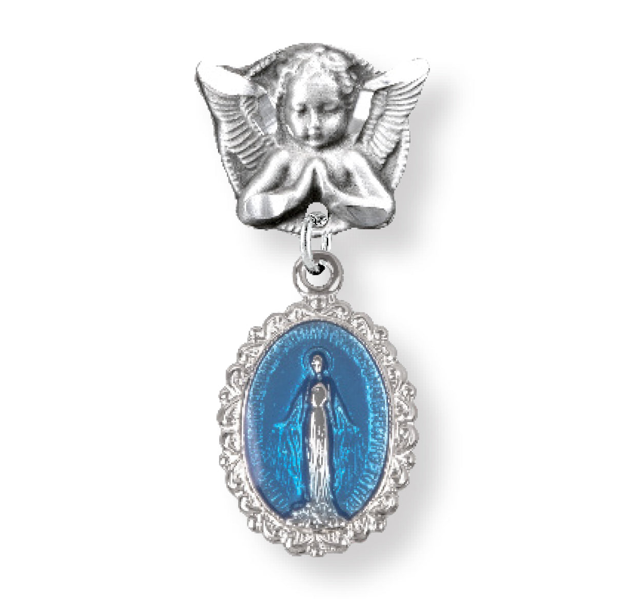 Blue Enameled Oval Fancy Edge Sterling Silver Baby Miraculous Baby Medal on an Angel Pin