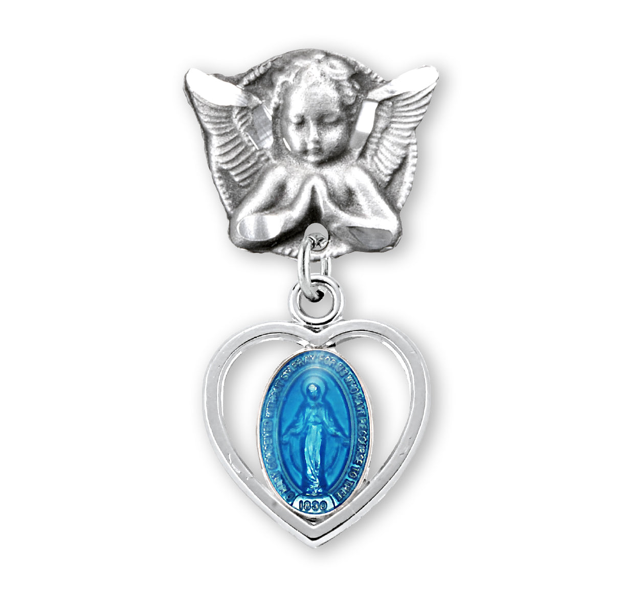 Blue Enameled Pierced Heart Sterling Silver Baby Miraculous Medal on an Angel Pin