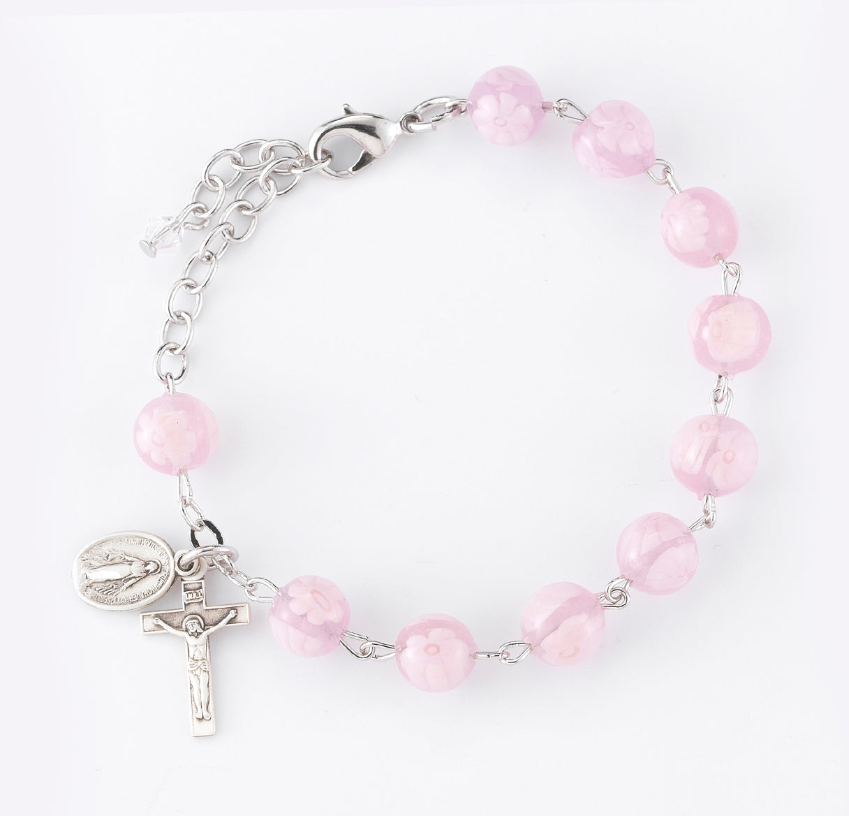 Pink Venetian Round Glass Bead Sterling Silver Rosary Bracelet