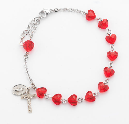 Sterling Silver Rosary Bracelet Created with 8mm Red Swarovski Crystal Heart Shape Beads