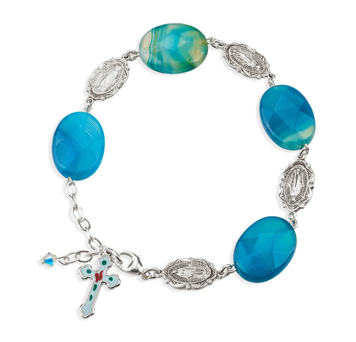 Blue Agate Faceted Stone with Sterling Silver Miraculous Medals Rosary Bracelet