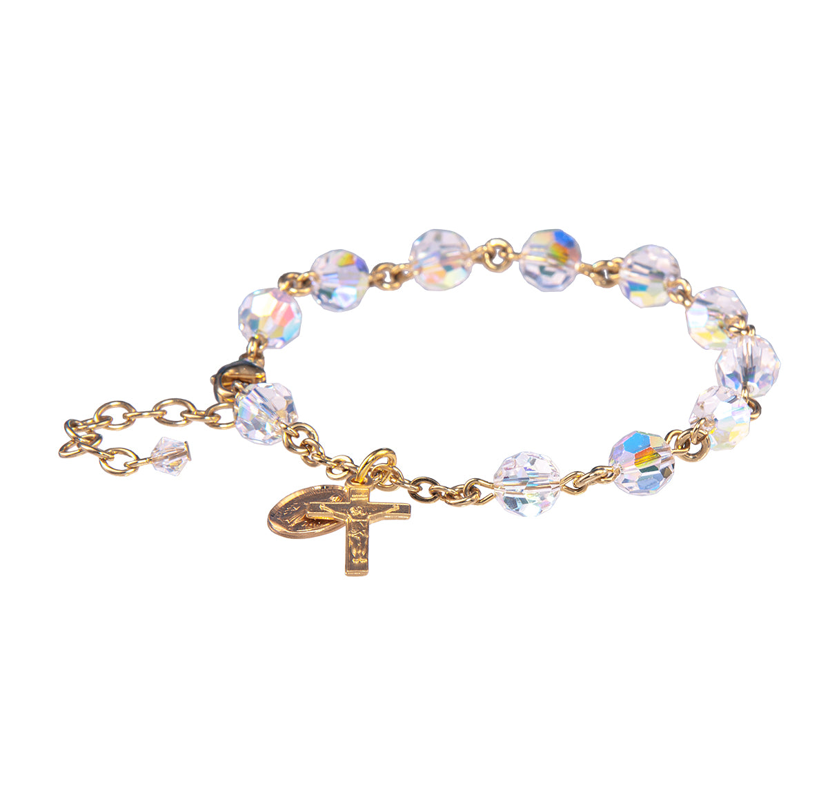 Gold Over Sterling Silver Rosary Bracelet Created with 7mm Aurora Borealis Finest Austrian Crystal Round Beads by HMH