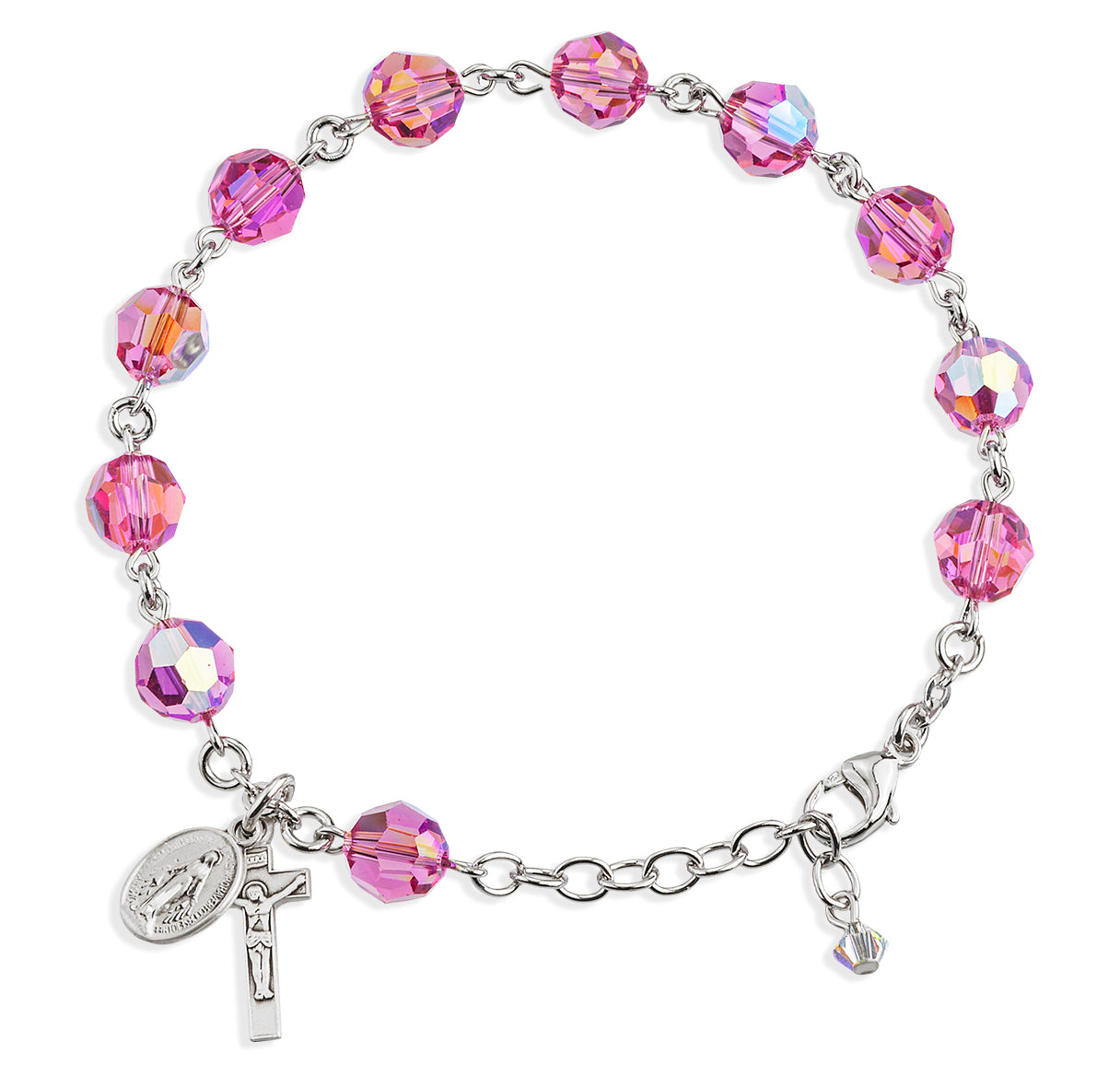 Sterling Silver Rosary Bracelet Created with 8mm Pink Finest Austrian Crystal Round Beads by HMH