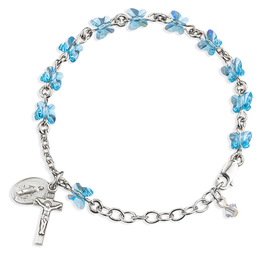 Sterling Silver Rosary Bracelet Created with 6mm Aqua Swarovski Crystal Butterfly Beads by HMH
