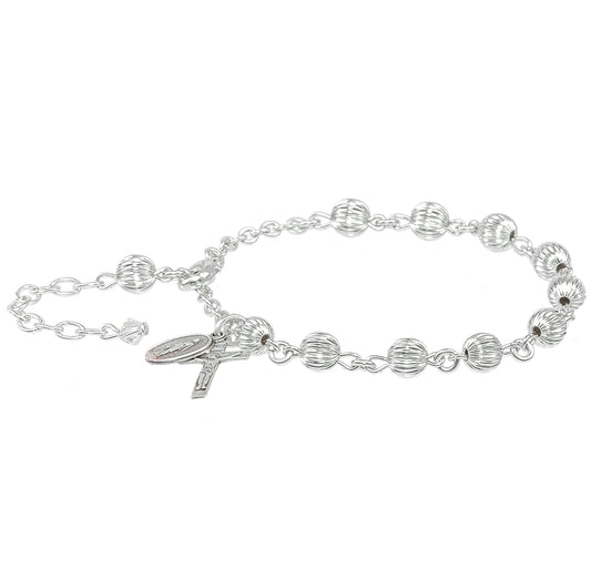 Corrugated Embossed Round Sterling Silver Rosary Bracelet