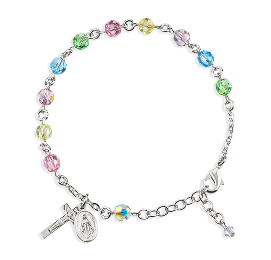 Sterling Silver Rosary Bracelet Created with 6mm Multi-Color Swarovski Crystal Round Beads by HMH