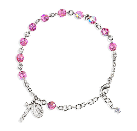 Sterling Silver Rosary Bracelet Created with 6mm Pink Swarovski Crystal Round Beads by HMH