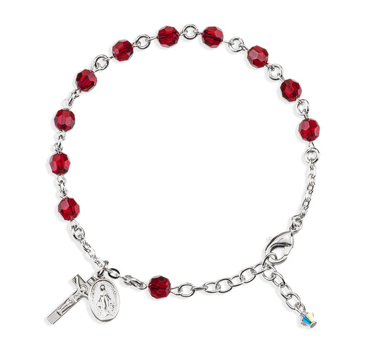 Sterling Silver Rosary Bracelet Created with 6mm Ruby Swarovski Crystal Round Beads by HMH