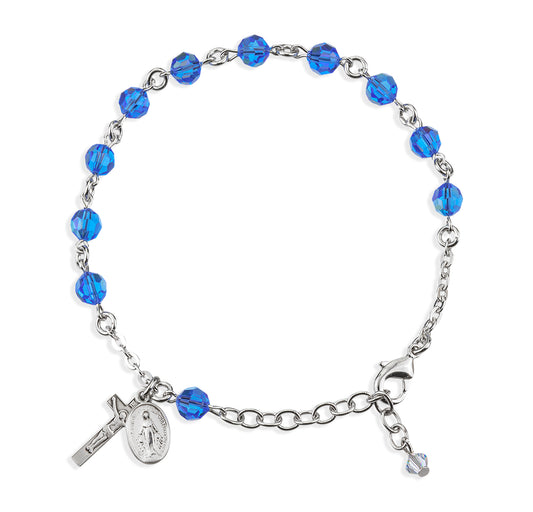 Sterling Silver Rosary Bracelet Created with 6mm Sapphire Swarovski Crystal Round Beads by HMH