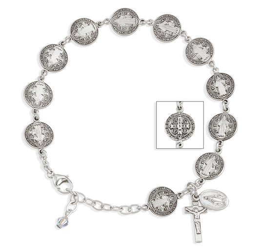 Saint Benedict Round Sterling Silver Rosary Bracelet