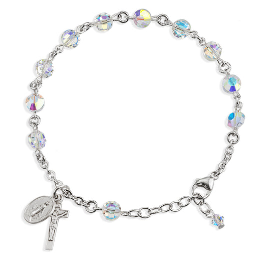 Sterling Silver Rosary Bracelet Created with 6mm Aurora Borealis Finest Austrian Crystal Semi-Flat Beads by HMH