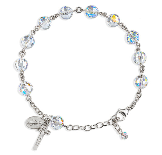 Sterling Silver Rosary Bracelet Created with 8mm Aurora Borealis Swarovski Crystal Multi-Faceted Beads by HMH
