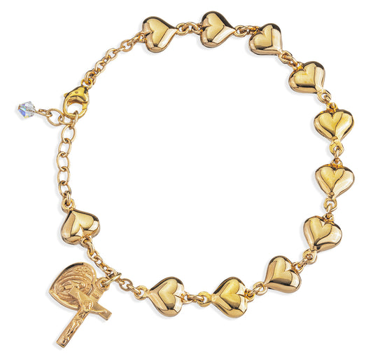 Solid Gold Over Sterling Silver Polished Heart Rosary Bracelet