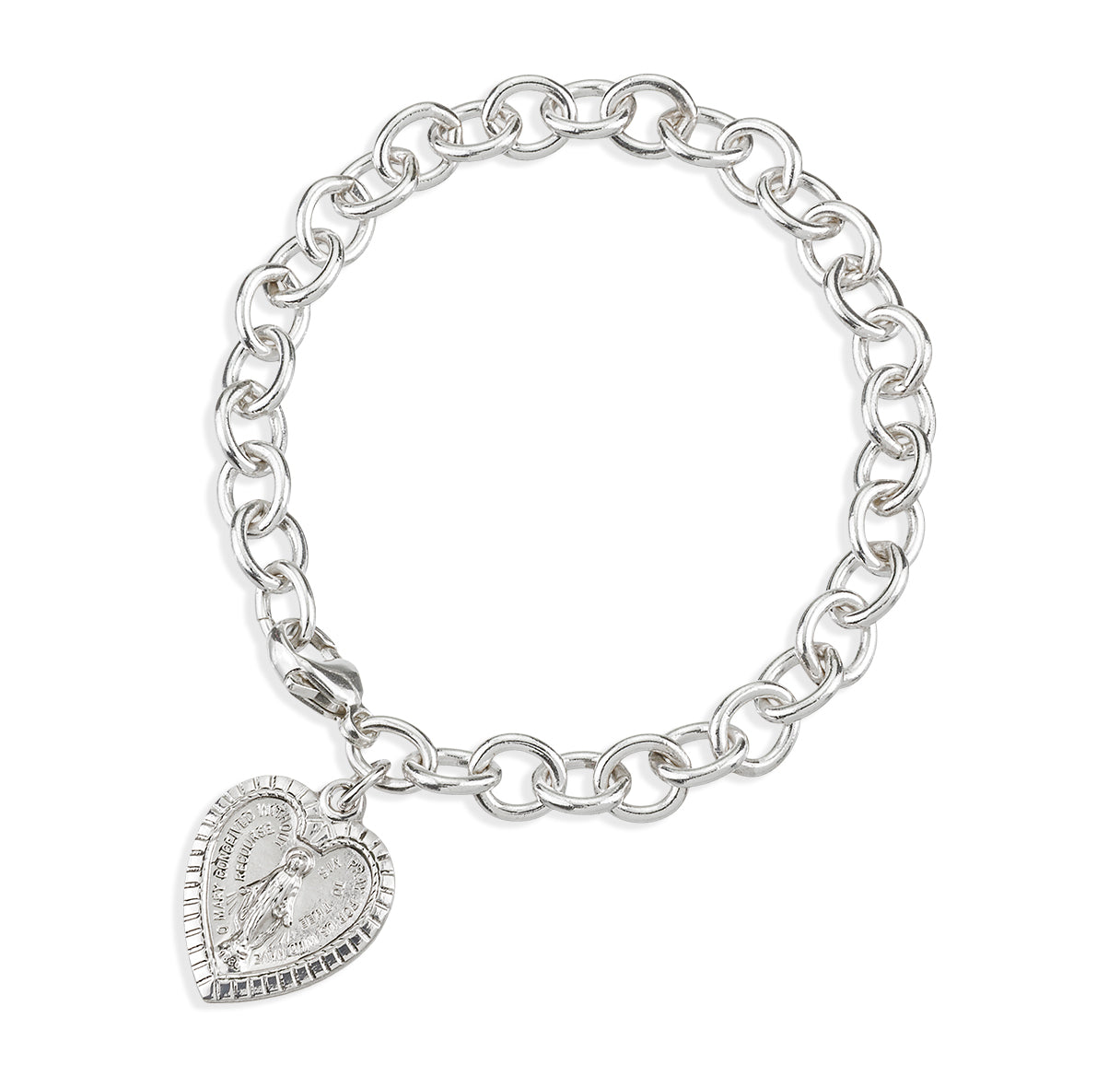 Solid Sterling Silver Linked Bracelet with Heart Shape Miraculous Medal Charm