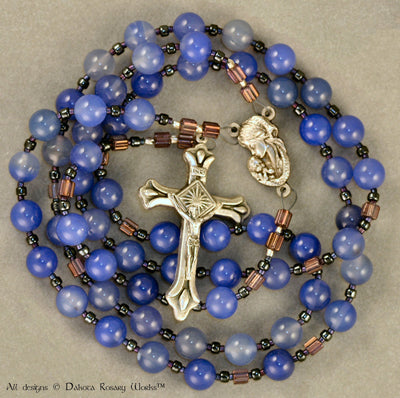 Blue Agate Rosary with Madonna and Child Centerpiece