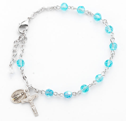 Aqua Round Faceted Crysta Rosary Bracelet