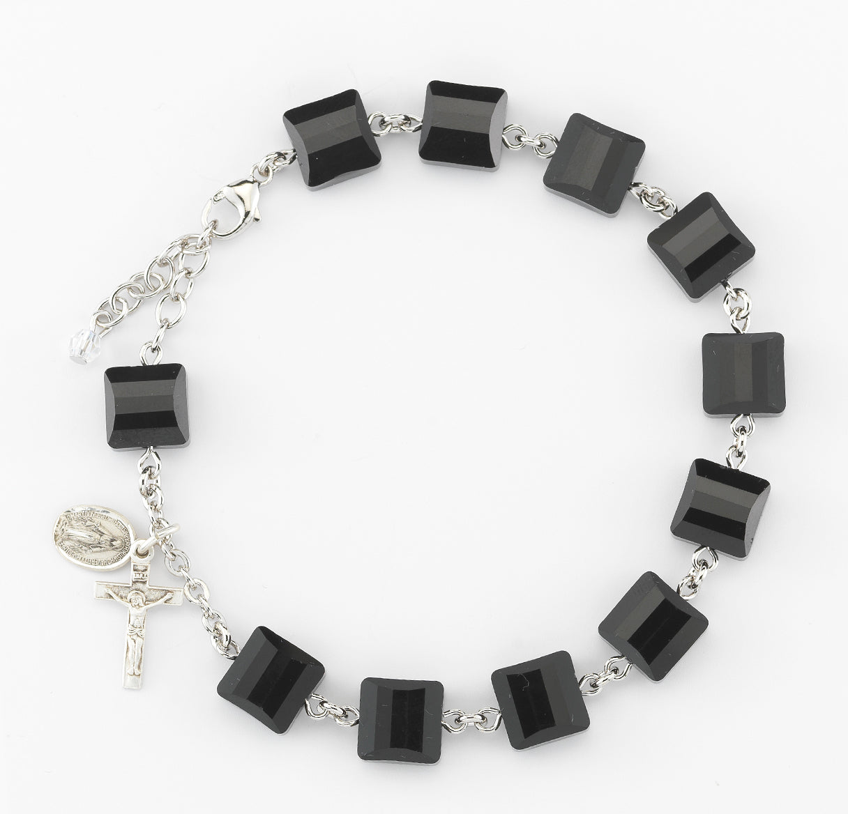 Rosary Bracelet Created with 1mm Jet Black Finest Austrian Crystal Multi-Facted Square Beads by HMH