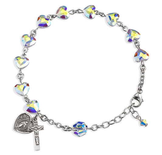 Rosary Bracelet Created with 8mm Aurora Borealis Finest Austrian Crystal Heart Shape Beads by HMH