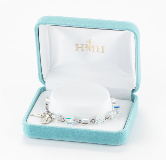 Rosary Bracelet Created with 6mm Aurora Borealis Swarovski Crystal Cube Shape Beads by HMH