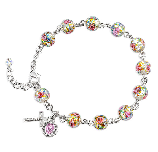 8mm Rose Embedded Murano Glass Bead Rosary Bracelet