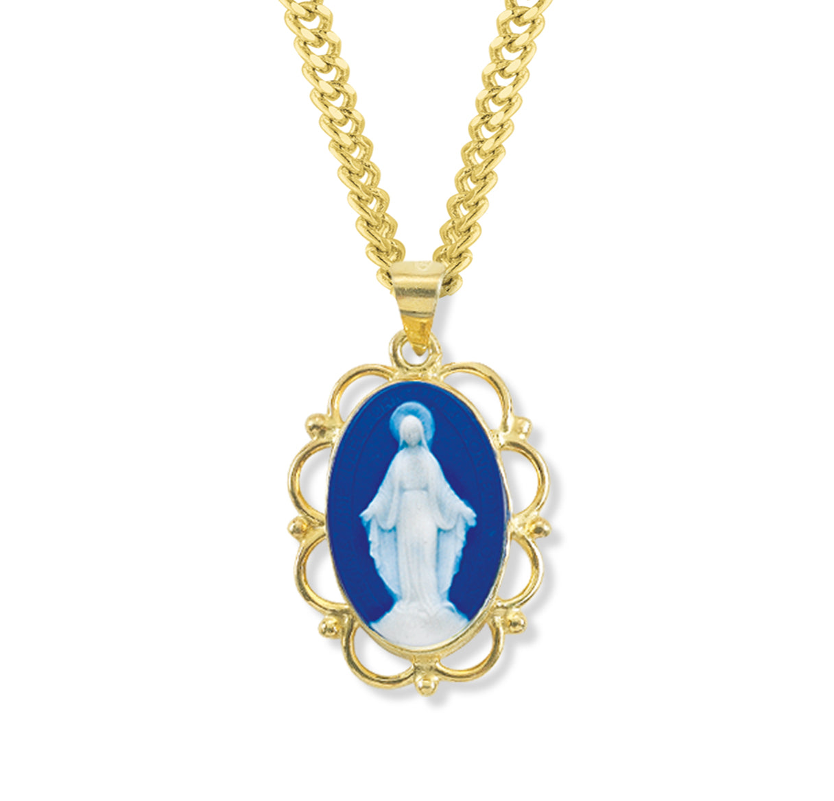 Dark Blue Gold Over Sterling Silver Cameo Miraculous Medal