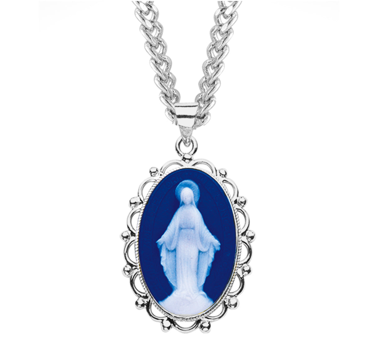 Dark Blue Sterling Silver Cameo Miraculous Medal