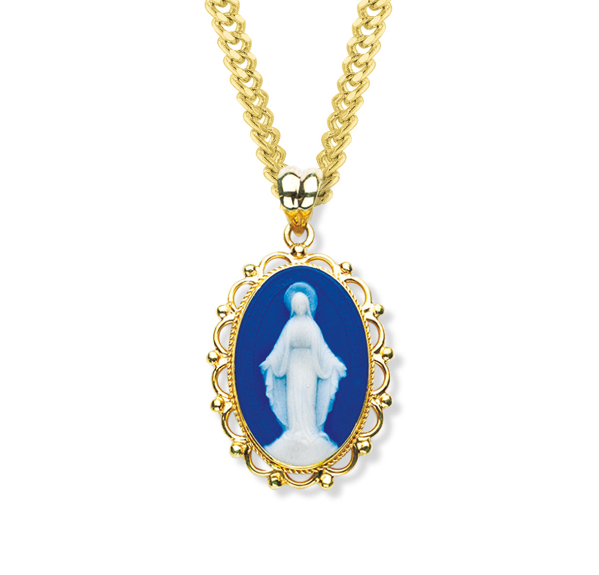 Dark Blue Gold Over Sterling Silver Cameo Miraculous Medal